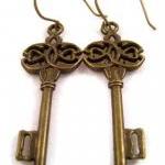Earrings - Antique Bronze Brass Skeleton Key..