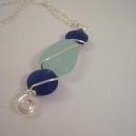 Necklace, Blue Beach Glass Wire Wrapped Pendant,..
