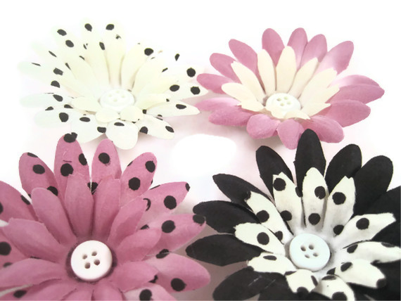 Magnets - Bottle Cap Decorative Magnets, Black, White, Pink Polka Dot Flowers With Buttons, Bottle Cap Art