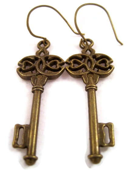 Earrings - Antique Bronze Brass Skeleton Key Earrings, Dangle Key Earrings, Brass Keys