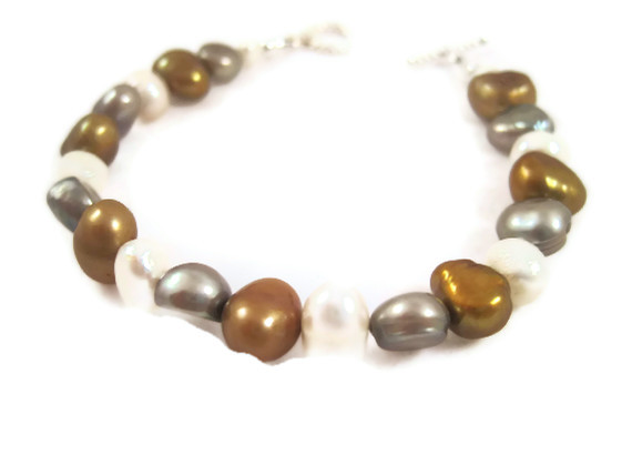 Bracelet - Bronze, Silver, Cream Freshwater Pearls, Potato Shaped, Wedding Jewelry