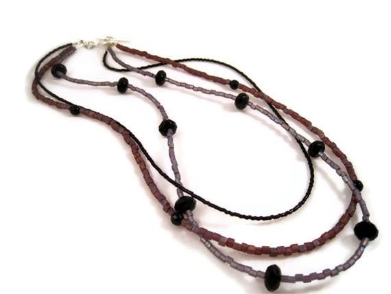 Necklace, Beaded Multi-strand Necklace, Faceted Black Onyx Gemstones, Purple Seed Beads