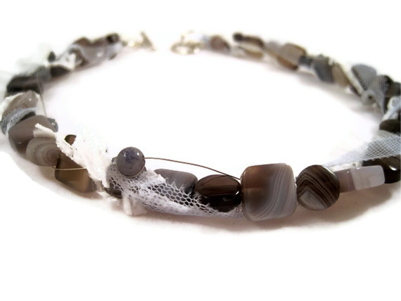Necklace, Mixed Media Necklace, Botswana Agate Necklace, Fiber, Ribbon, Wire Wrapped