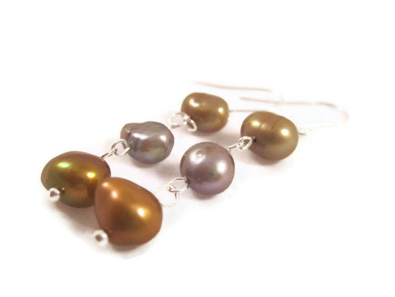 Earrings, Silver Dyed Freshwater Pearls, Copper Dyed Freshwater Pearls, Individually Linked, Dangle Silver Earrings