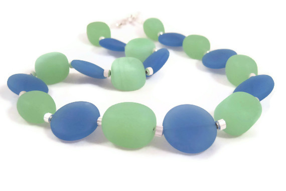Necklace, Beach Glass, Light Green Nuggets, Light Blue Discs, Sea Glass Necklace, Ocean Colors