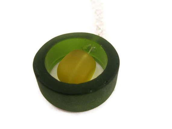 Necklace, Bottle Ring Glass, Beach Glass Pendant, Dark Green Sea Glass, Yellow Beach Glass Nugget