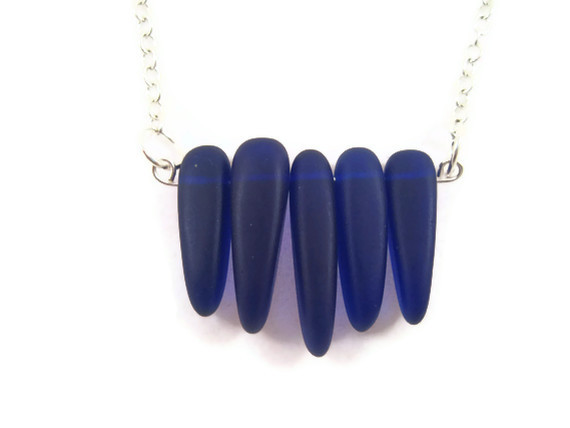 Necklace, Dark Blue, Royal Blue, Spike Bar Beach Glass Necklace, Sea Glass Necklace