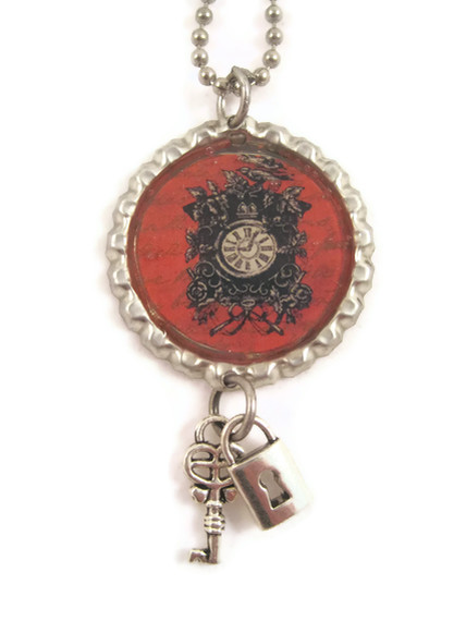 Necklace, Bottle Cap Pendant, Clock Image, Key And Lock Charms, Red And Black, Bottle Cap Necklace