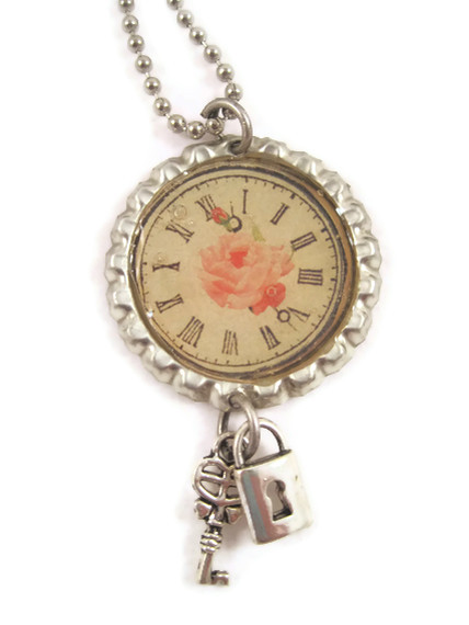 Necklace, Bottle Cap Pendant Necklace, Pink Rose, Roman Numeral Clock, Shabby Chic, Lock And Key Charms