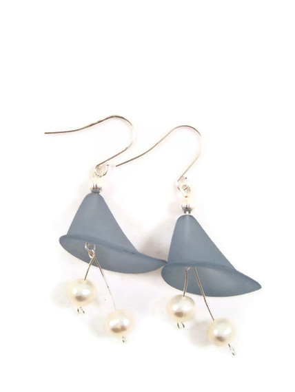 Earrings, Blue Lily Lucite Flower Earrings With Freshwater Pearls, Flower Jewelry, Lucite Earrings
