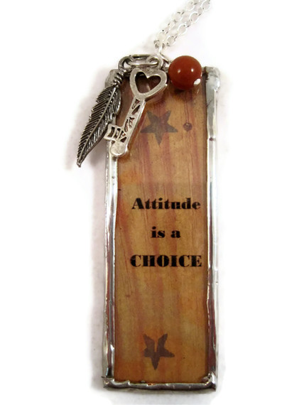 Necklace, Soldered Pendant With Charms And A Jasper Gemstone, Quote - "attitude Is A Choice"