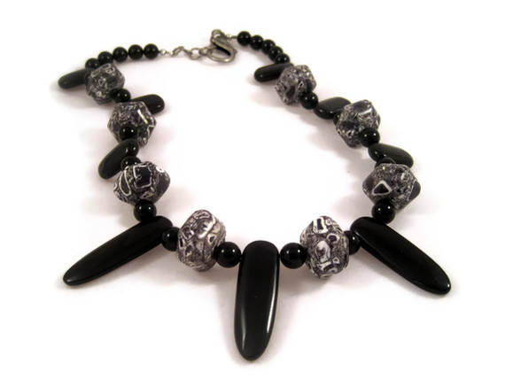 Necklace, Fan Design With Black Onyx Gemstones And Mosaic Magnesite, Statement Necklace With Large Beads