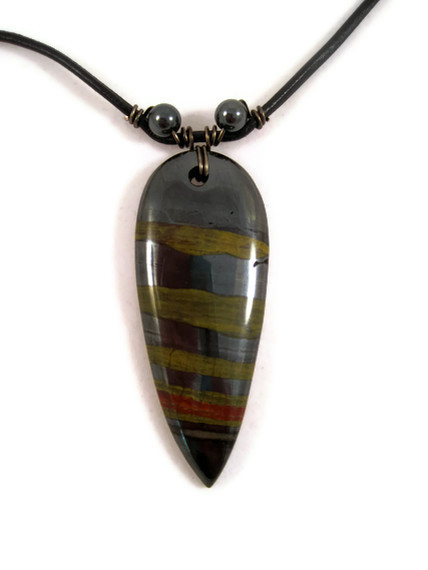 Necklace, Iron Tigers Eye Gemstone Pendant, Leather Necklace, Wire Wrapped Hematite, Unisex Jewelry