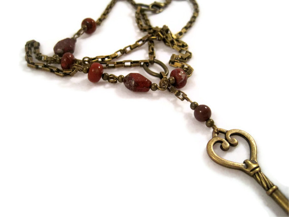 Necklace, Long Antique Gold Chain Necklace, Bronze Brass Skeleton Key With Burnt Red Jasper Gemstones, Lariat Style
